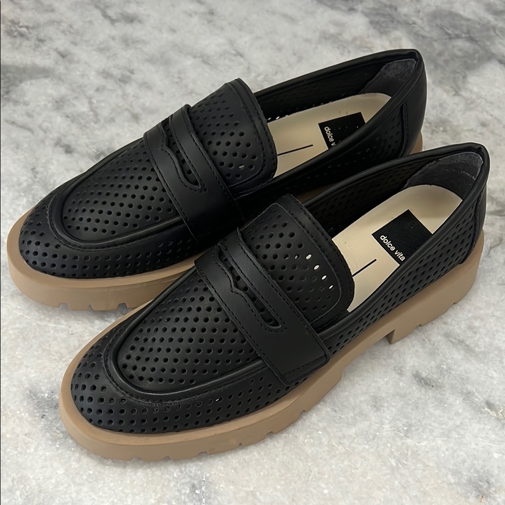 Dolce Vita Black Perforated Loafers with Tan Soles